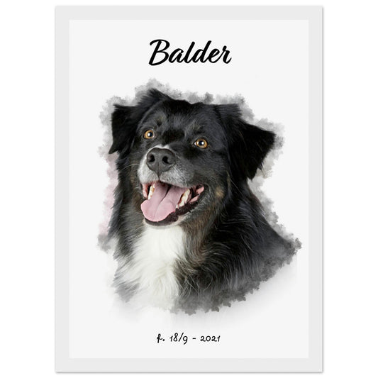 Hunden din foreviget i et delikat digitalt akvarellportrett i hvit treramme